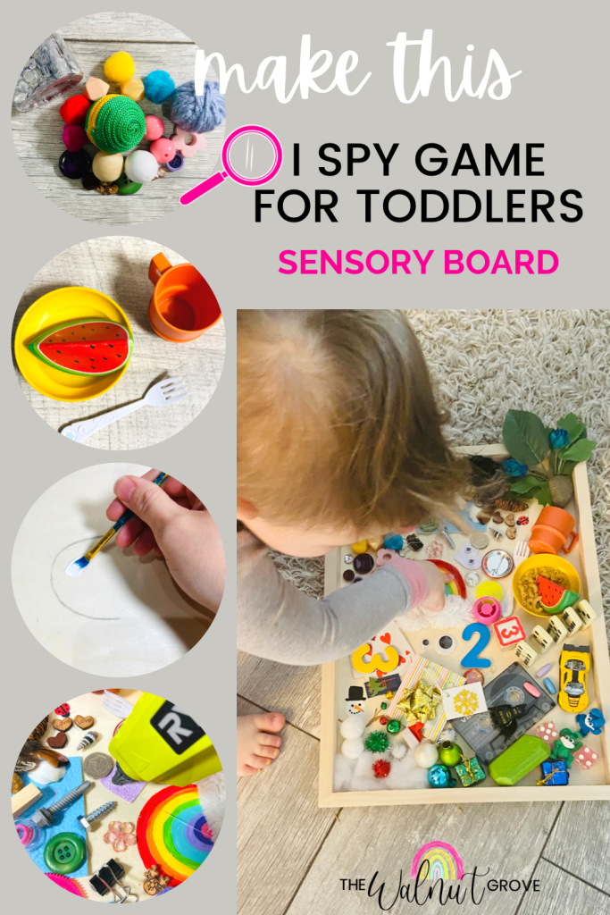 Make this sensory board to help your toddler learn through play. This board is perfect for playing I Spy, and helping your toddler learn colours, textures, and new vocabulary. This board is easy, quick to make, and is customizable with whatever you have lying around the house. 